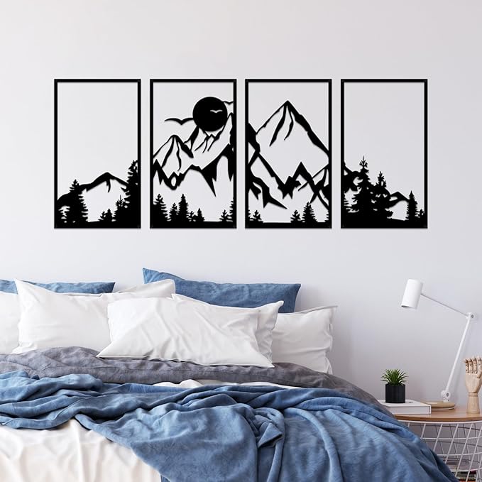ESTART 4 Pcs Mountain Range Metal Wall Art Decor Summit Metal Wall Sign Rustic Forest Home Decor Sign Mountain Scene Wall Decor Art Hanging for Living Room Bedroom Bathroom Office, 45.3 x 17 Inch