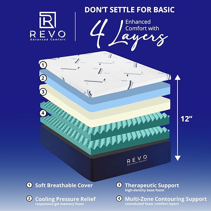 REVO Sleep Gel Memory Foam Mattress, 12-Inch Queen – Cooling Mattress with Pressure-Relieving Gel Foam, Contouring Support & Breathable Comfort for Restful Sleep