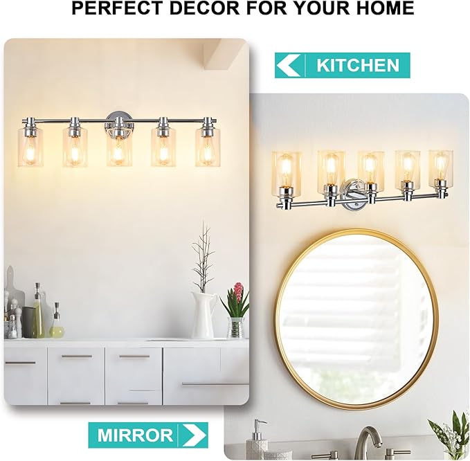 Bathroom Light Fixtures Wall Sconce Light with Clear Glass Chrome 5 Lights Bathroom Lighting Over Mirror Vanity Lights for Living Room,Bedroom,Restroom,Hallway E26 Base