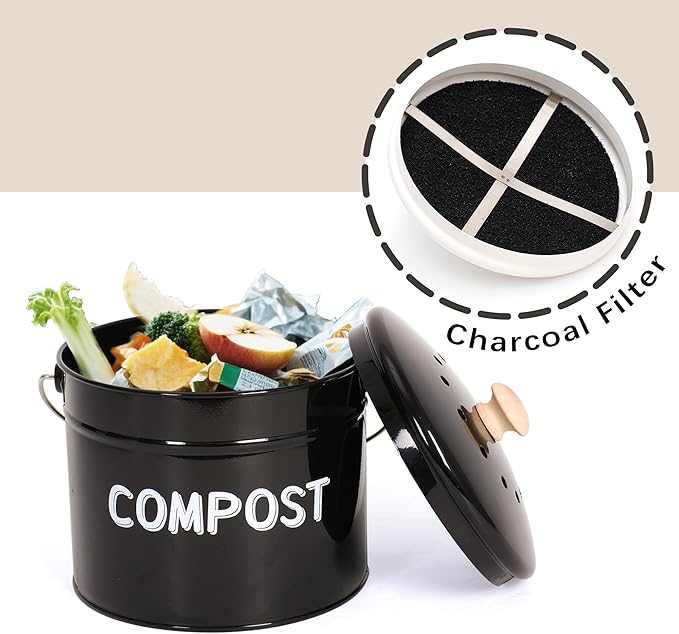 Compost Bin for Kitchen Counter, 1 Gallon Compost Bucket with Lid and Charcoal Filter, Countertop Composter, Rust Proof Indoor Food Waste Bin, Black