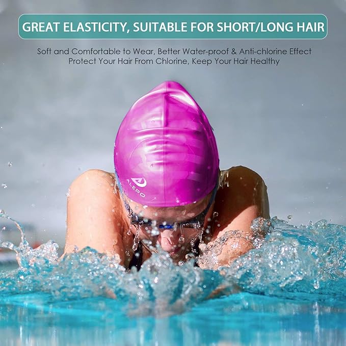 2 Pack Unisex Swim Caps with 3D Ear Protection, Durable Flexible Silicone Swimming Hats for Women Men Kids Adults, Bathing Swimming Caps for Short/Long Hair with Ear Plugs&Nose Clip