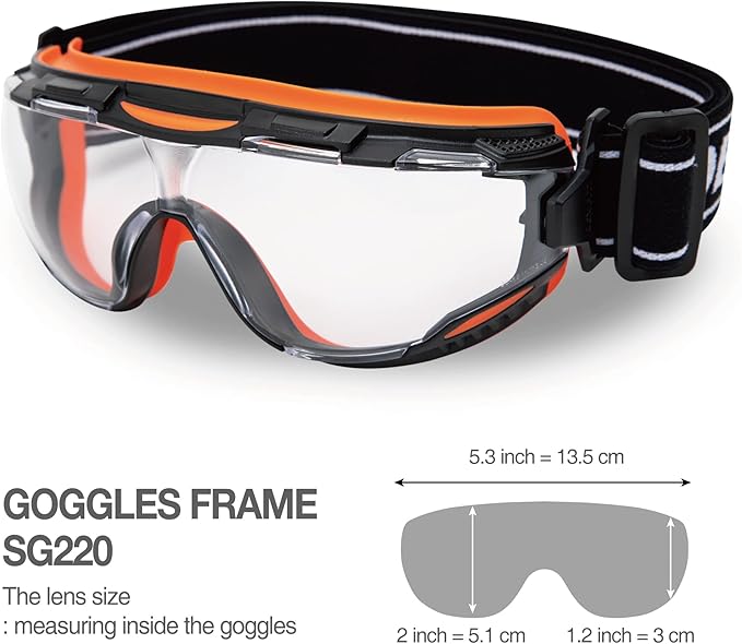 DEX FIT Protective Safety Goggles SG220; Anti Fog & Scratch, Z87 Eye Protection for Lab, Science, and Chemistry Work, Adjustable for Women and Men, (Black & Orange Frame, Clear Lens, 30cm Strap)