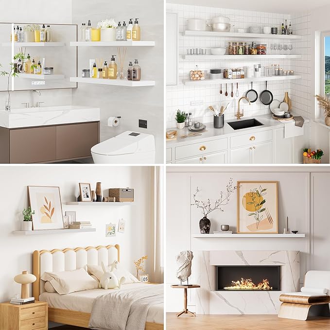40 Inches Floating Shelves for Wall, 9.3" Deep White Long Floating Shelves Set