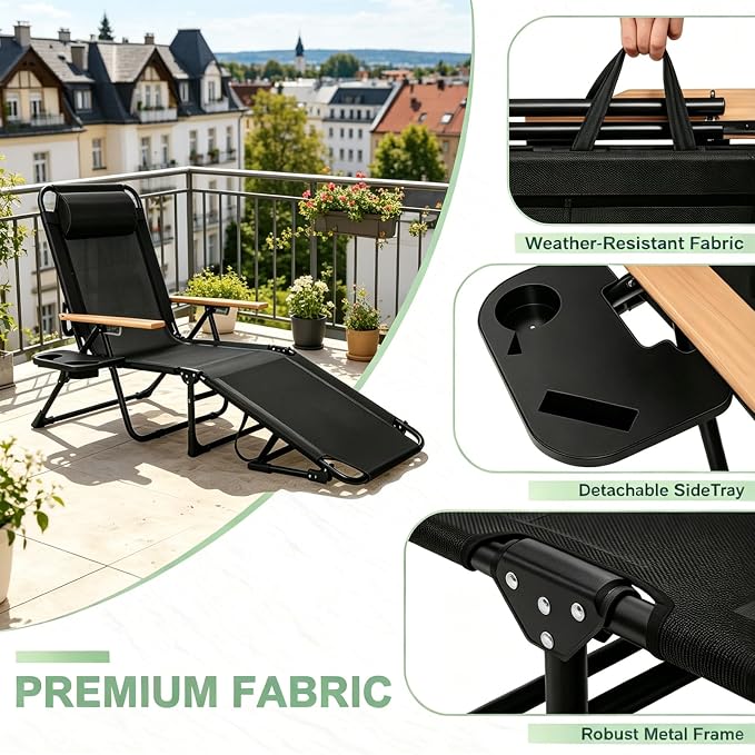 Folding Lounge Chairs for Outside, 4-Position Reclining Outdoor Lounge Chair, Sun Bathing Lounge Chair with Wooden Armrest, Pillow & Cup Holder, Reclining Beach Chair for Garden Beach Patio Camp