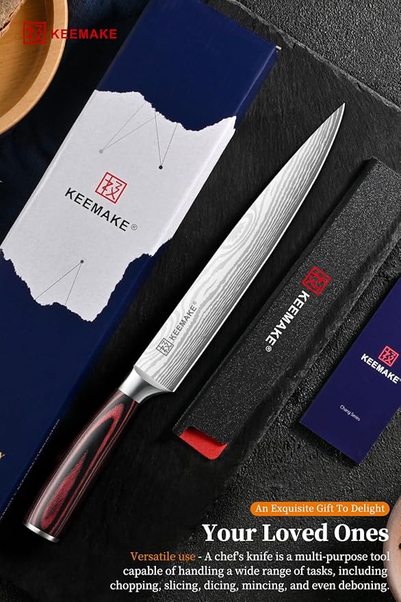 KEEMAKE 8 Inch Carving Knife - Ultra Sharp Slicing Knife High Carbon Stainless Steel Blade & Ergonomic Handle for Meat Cutting BBQ Turkey Ham Gift Box Included
