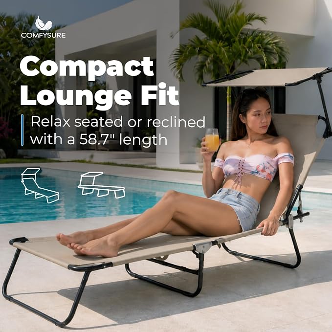 Folding Outdoor Lounge Chair with Canopy - Portable & Adjustable Beach Lounge Chair - 5-Positions, Carry Handles, 600D Fabric, 220 lbs Capacity – Tanning Chaise Lounge for Beach, Patio (1, Beige)