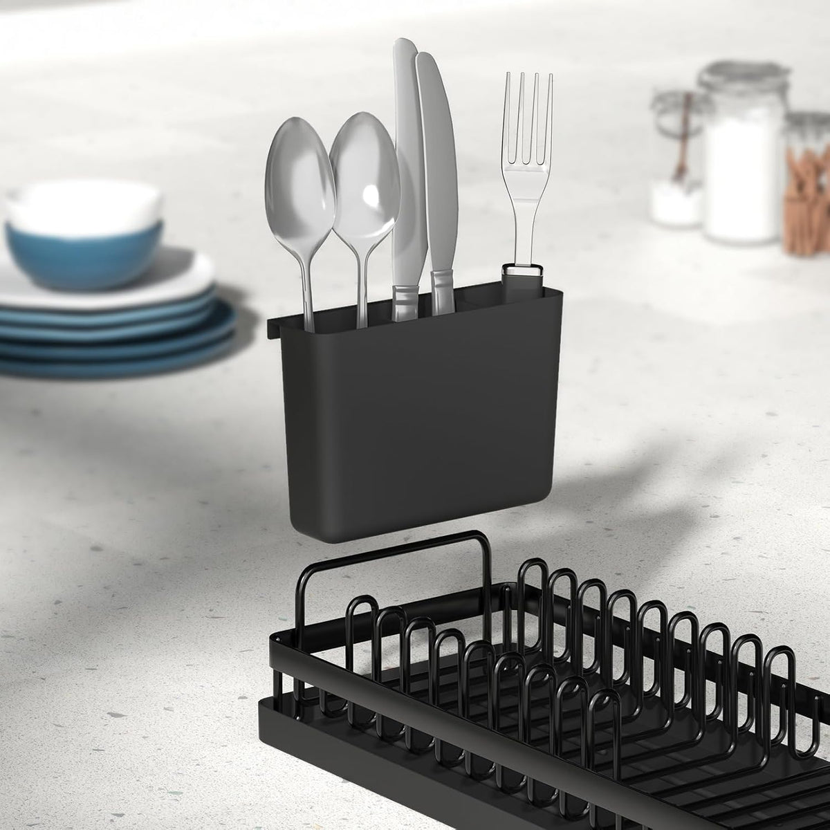 Small Dish Drying Rack, Compact Sink Dish Drainer Plate Rack Organizer with Utensil Holder and Silicone Drying Mat for Kitchen Counter, RVs, Apartments
