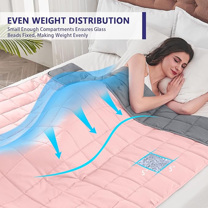 yescool 20lbs Pink Grey Weighted Blanket for Adults 60"x80", Cooling, Heavy, Breathable with Glass Beads, Queen Size, Machine Washable