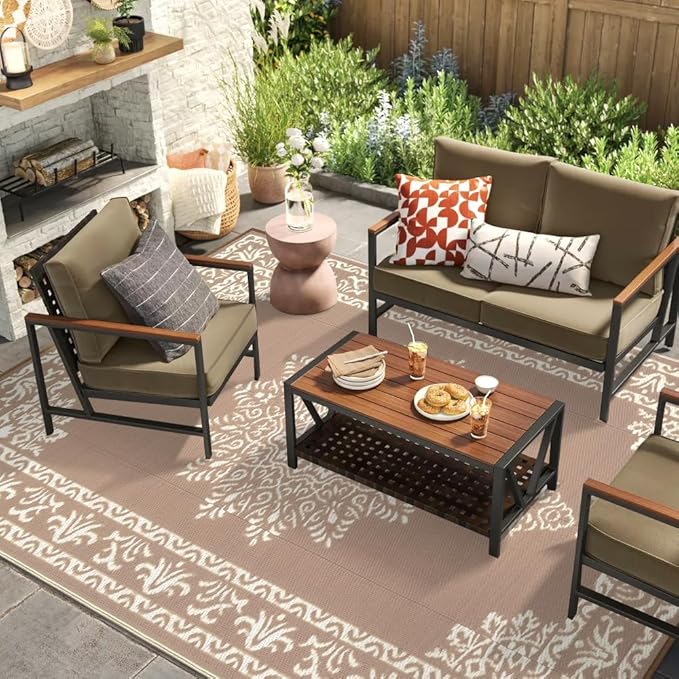 Yamaziot Outdoor Rug 8x10 Ft, Waterproof Plastic Straw Patio Rug, Reversible Backyard Carpet UV Resistant Portable RV Mat Clearance, Large Indoor Outdoor Rug for Patio, Porch, Deck, Balcony, Brown