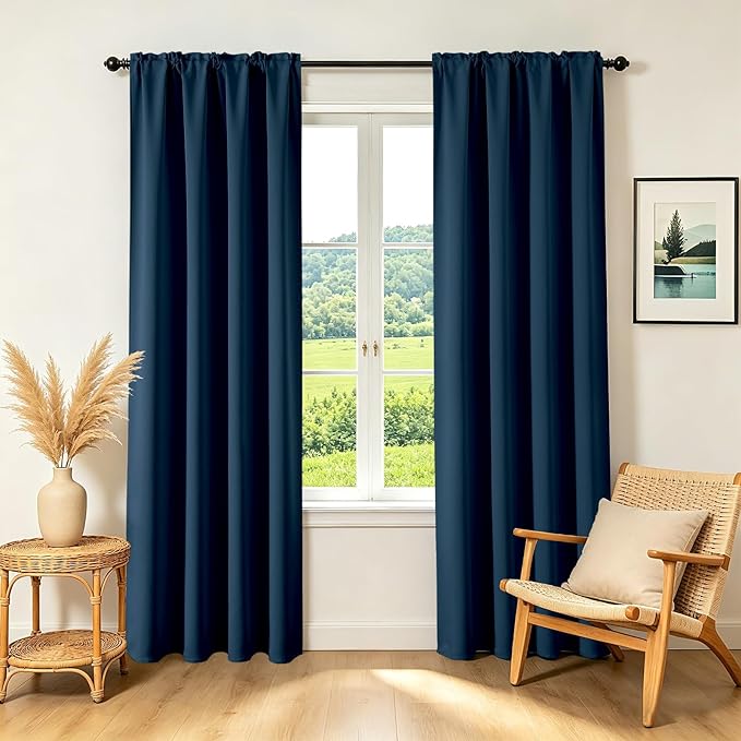 CUCRAF Navy Blue Blackout Curtains 63 inch Length 2 Panels Set, Rod Pocket Room
