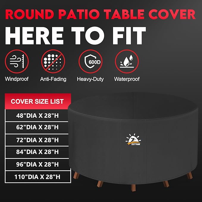 Zettum Round Patio Table Cover 48 Inch - 600D Outdoor Furniture Cover Round Waterproof & Heavy Duty, Lawn Furniture Set Covers for Outside Dining Table and Chairs Seating Combo - 48 x 48 x 28 Inch