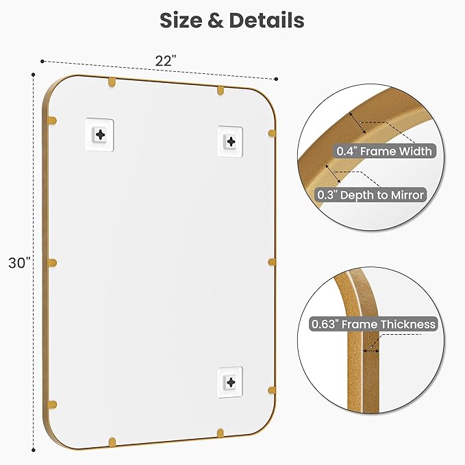 2-Pack 22x30 Inch Matte Gold Bathroom Vanity Mirrors | Flush Mount Deep Set