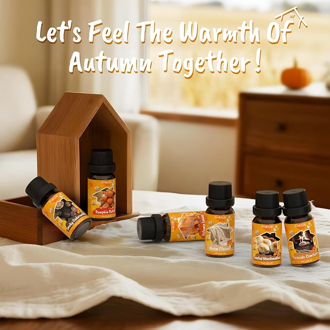 Fall Cozy Cabin Fragrance Oils Set, Essential Oil for Diffuser, Use for Soap Candle Making-Smoky Cedar Wood, Roasted Marshmallows, Autumn Leaves, Warm Flannel, Fireplace Time, Pumpkin Patch