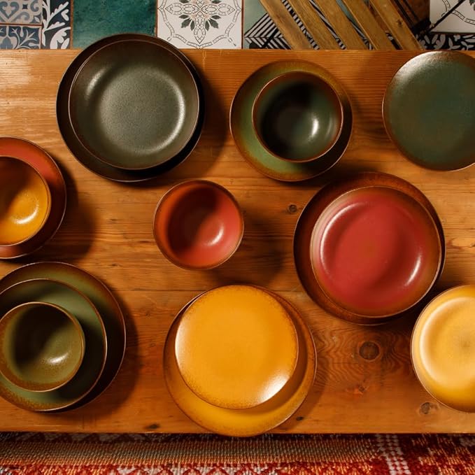 Bloomhouse - Oprah's Favorite Things - Palermo Sun Double Bowl Stoneware Reactive Glaze Plates and Bowls Dinnerware Set - Paprika Red, Service for Four (16pcs)