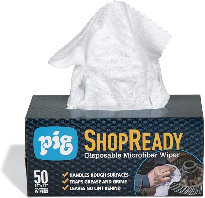PIG ShopReady Microfiber Wipers| Durable Low-Lint Microfiber Rags | 50 per box | 12" W x 12" L | White | PM50808-WH