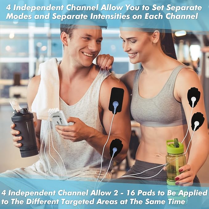 Belifu 4 Independent Channel TENS EMS Unit, 24 Modes,30 Level Intensity Muscle Stimulator Machine, Rechargeable Electric Pulse Massager with 10 Pads&5 Set Leads Wires, for Pain Relief Therapy (Silver)