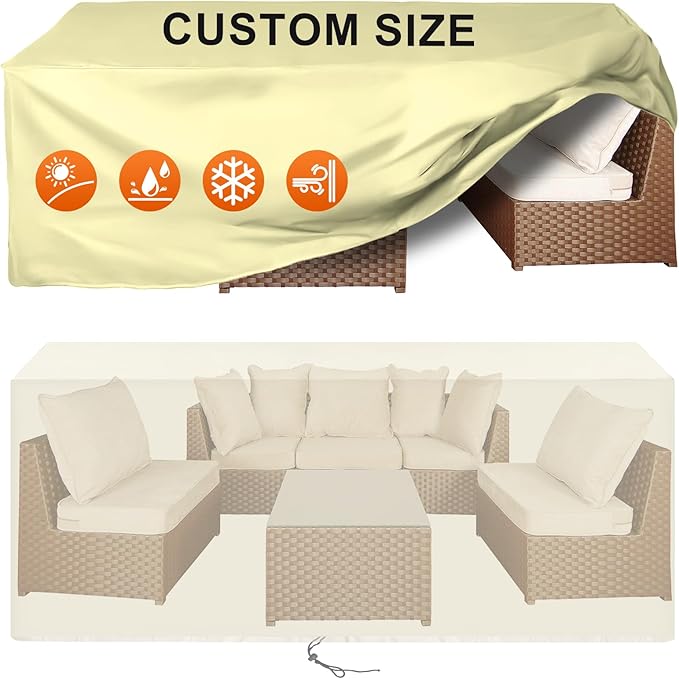 Patio Furniture Cover Rectangle 112"(L) x 56"(W) x 36"(H), Custom Heavy Duty 420D Waterproof Outdoor Cover with Drawstring & Buckles for Table Chair Garden, Cream