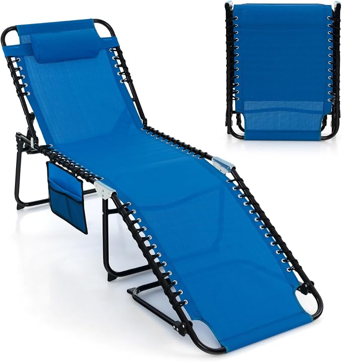 COSTWAY Folding Chaise Lounge Chair, Foldable Pool Lounger with 4-Position Adjustable Backrest, 2-Position Footrest & Soft Pillow, Patio Tanning Chair for Beach, Poolside (1, Navy)