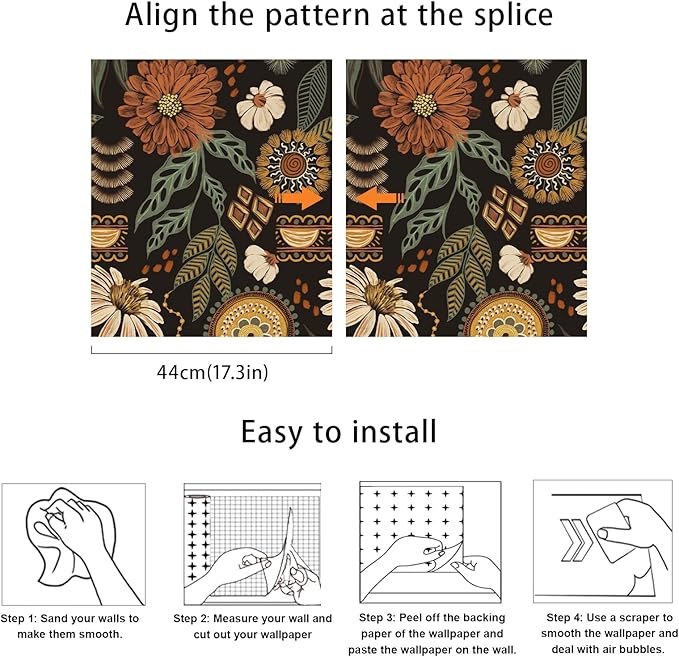JiffDiff Boho Peel and Stick Wallpaper 17.3" x 120" Vintage Sun Floral Retro