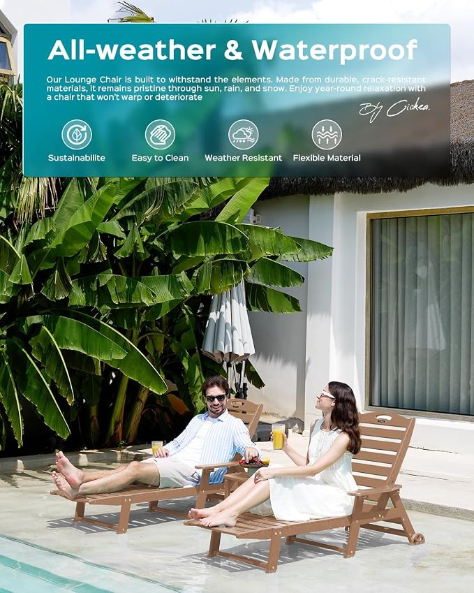 Ciokea Outdoor Chaise Lounge Chair Set of 2, Patio Lounge Chairs for Outside, HDPE Lounge Chair with Wheels & Cup Holder, Poly Chair with 5 Position for Poolside, Deck, Brown