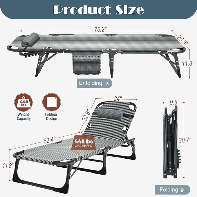 ABORON 3-in-1 Folding Patio Lounge Chair, 440LB Heavy-Duty Tri-Fold Guest Bed with Plush Cotton Cushion, No Assembly Adjustable Recliner for Office Nap, Patio Sunbathing, Poolside & Camping