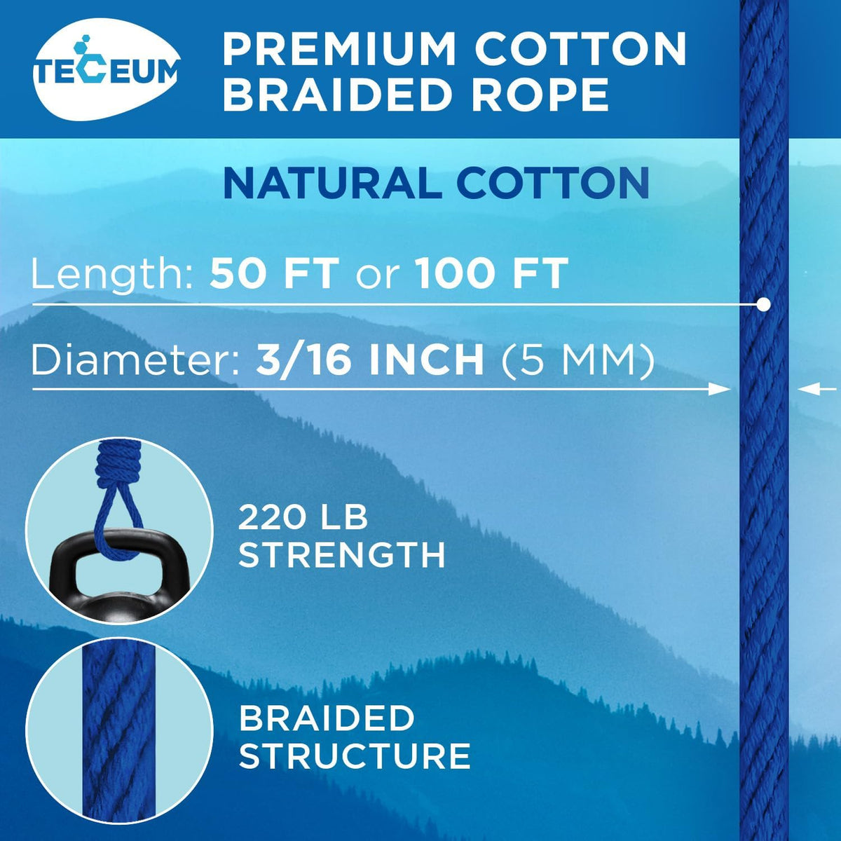 TECEUM Cotton Rope 3/16” (5 mm) – 50 FT – Strong All-Purpose Braided Rope – Natural Cotton – for Crafting, Сamping, Clothes Line, DIY, Indoor & Outdoor Use – Blue