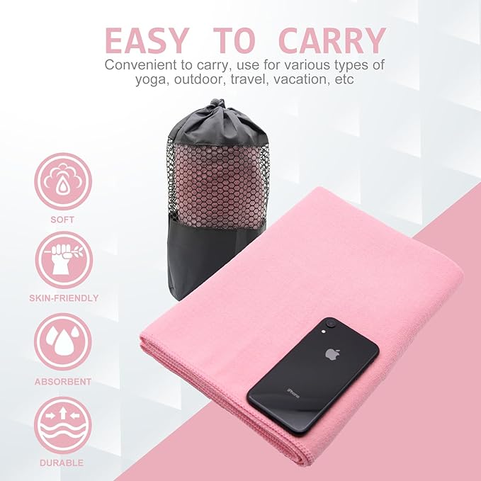 Eunzel 2 Pack Hot Yoga Towel with Grip Dot, Non Slip Yoga Mat Towe Sweat Absorbent Towel for Hot Yoga,Bikram, Pilates and Fitness 72" x 24", Pink