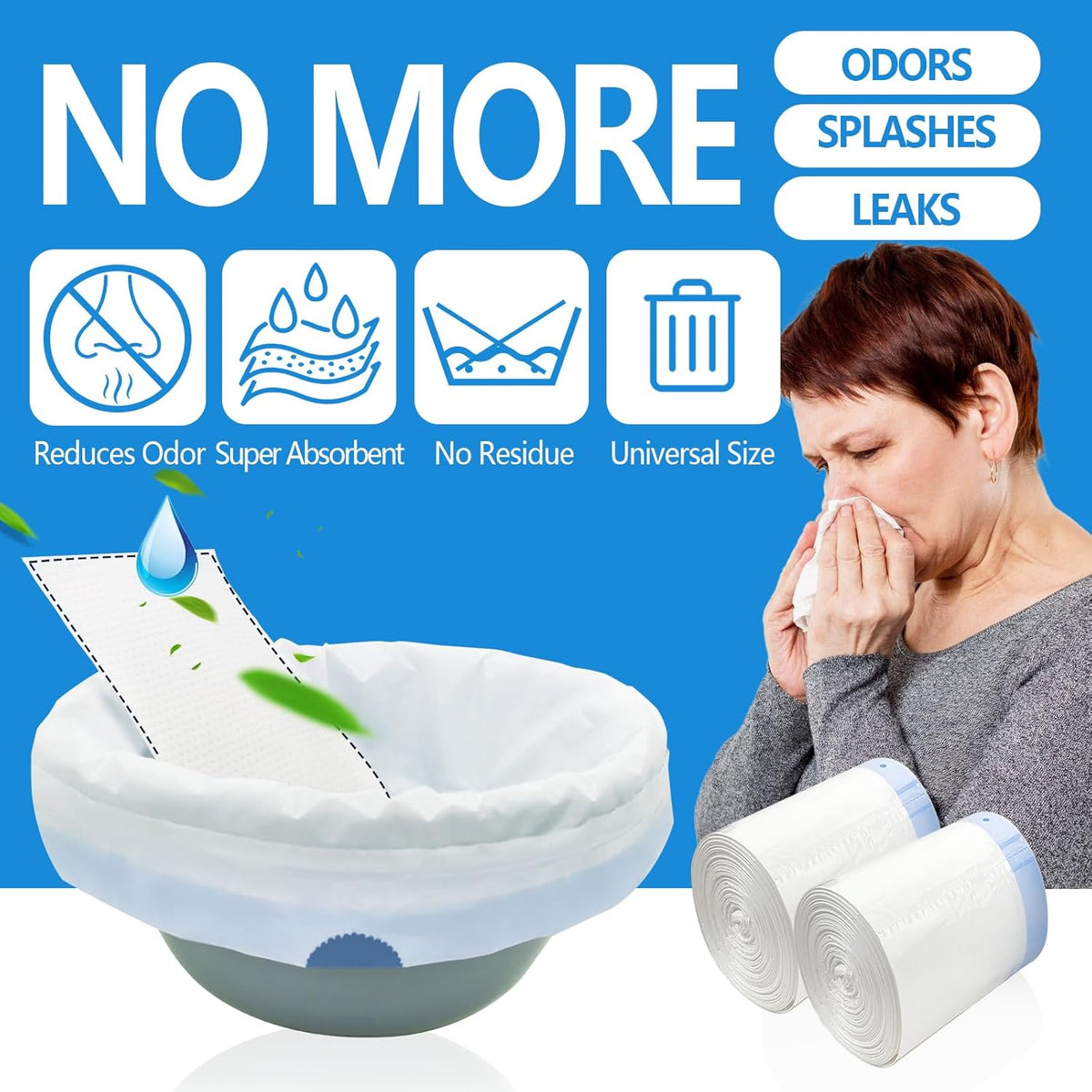 Commode Liners with Highly Absorbent Pads - [Pack of 60] - Bedside Commode Liners Disposable - Medical Grade - Leak-Proof - Toilet Liners Disposable Adult