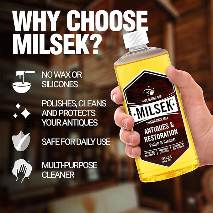 Milsek Antiques & Restoration Polish 2-Pack with Towel 12 oz | Two bottles of wood polish with microfiber towel for cleaning, restoring, and maintaining antique wood surfaces.