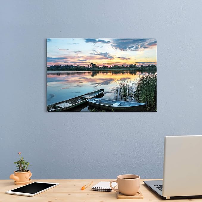 Lake Landscape Canvas Wall Art: Modern Relaxing Sunset Skyline Painting Simple Natural Boat Reed Print Wilderness Clear Calming Water Scenery Picture Green Forest View Gallery Artwork for Bedroom