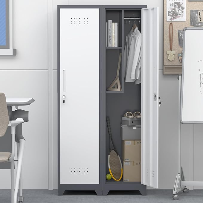 GREATMEET Slim Locking Metal Garage Storage Cabinet, Tall Steel Narrow Broom