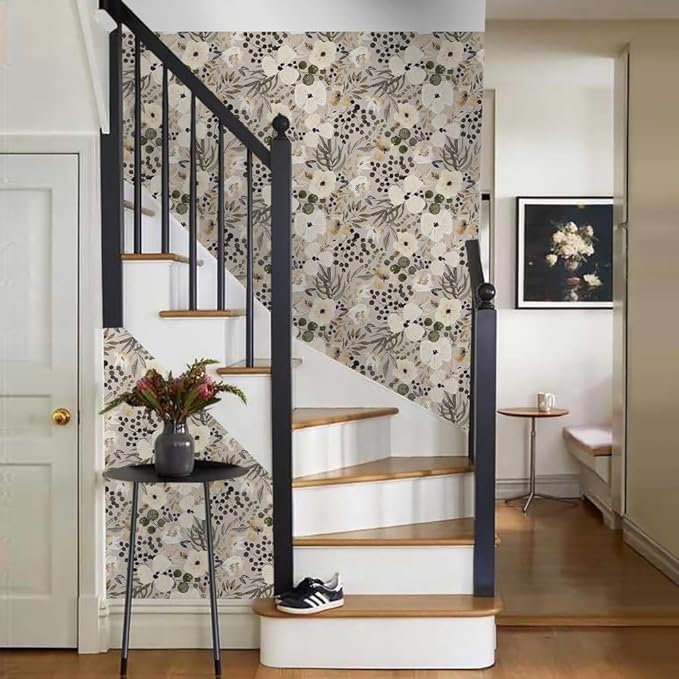 18"x236" Boho Cream/Brown Daisy Flower Peel and Stick Self Adhesive Wallpaper