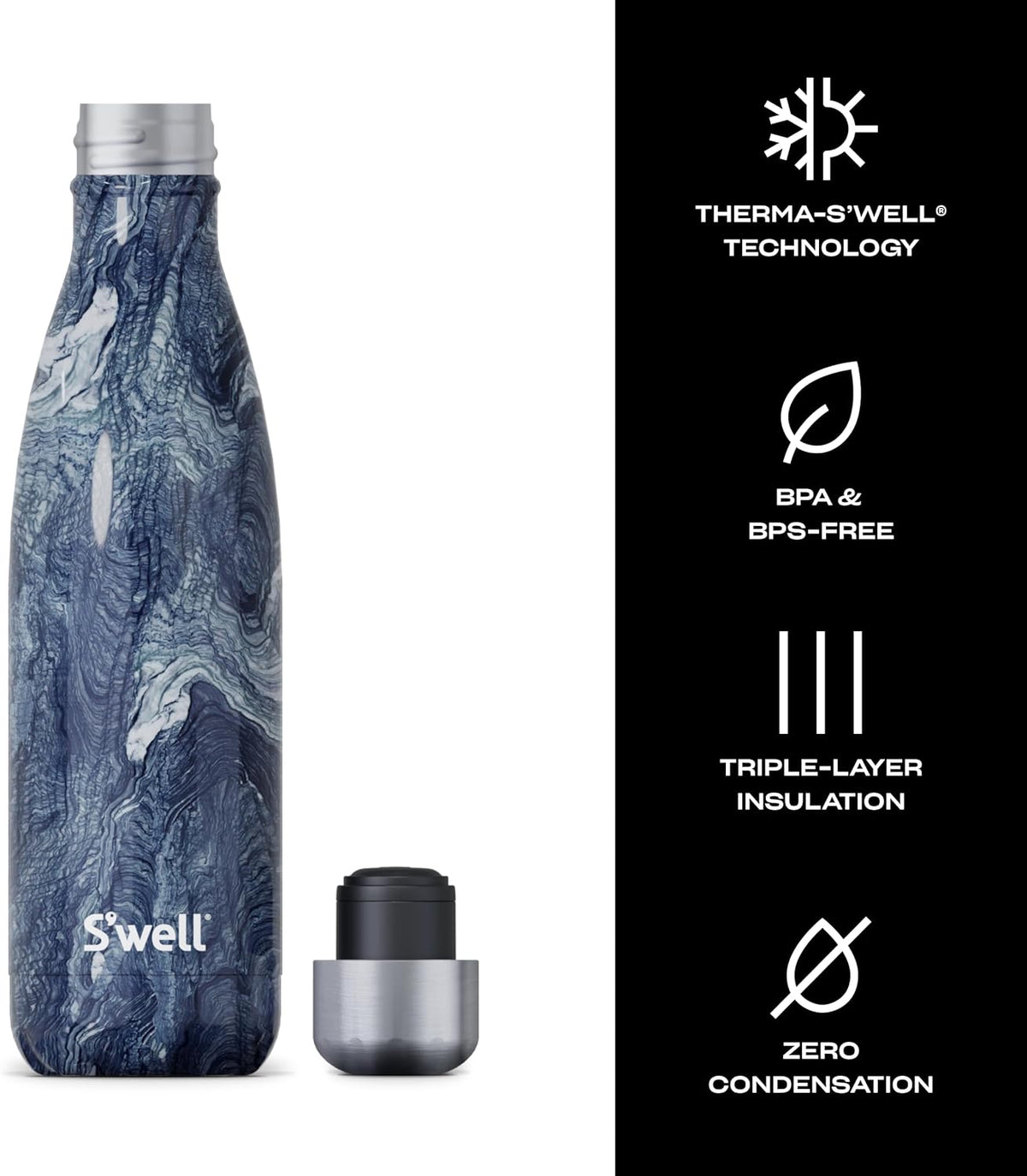 S'well Stainless Steel Water Bottle, 17oz, Azurite Marble, Triple Layered Vacuum Insulated Containers Keeps Drinks Cold for 36 Hours and Hot for 18, BPA Free, Perfect for On the Go