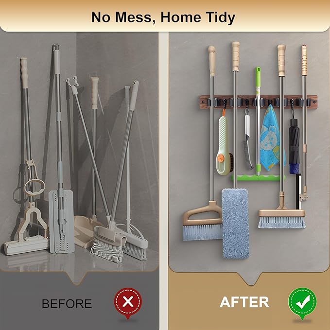 Broom Holder Wall Mount With 5 Slots & 4 Hooks，Rustic Wood Broom & Mop Hanger，Wall Mounted Garden & Garage Tool Storage Organizer Rack for Closet Laundry Room or Kitchen Wall Decor White