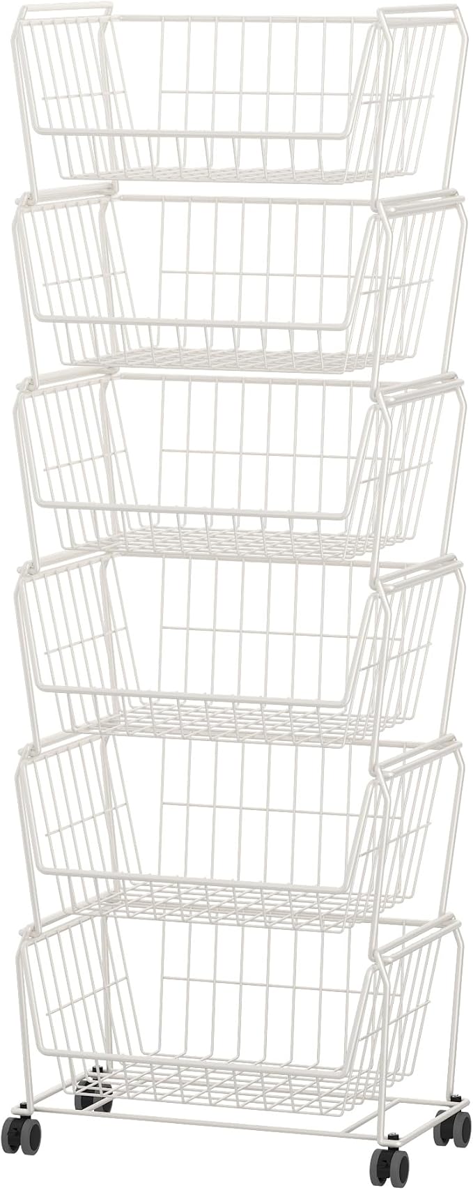 PUSDON Stackable Metal Storage Carts, Dual Use Shelf for Kitchen Fruit Vegetable Baskets with Wheels, Storage Rack for Living Room, Home & Office, Standard White 6 Tiers