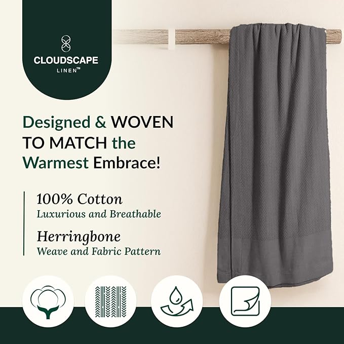 Herringbone Cotton Twin Blanket for Couch, Bed,Sofa, Home Decor, Soft, Lightweight, All-Season Bed Blanket, 68 x92, Dark Grey