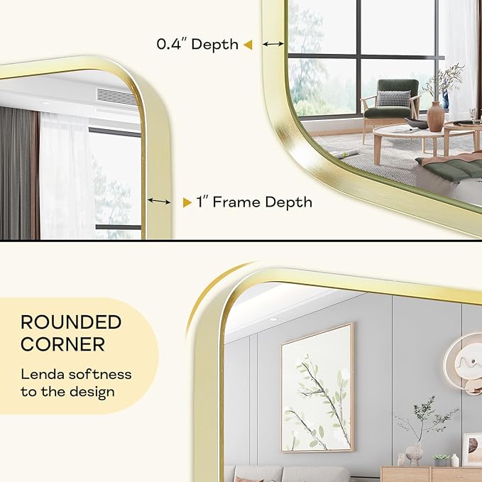Gold Framed Bathroom Mirror, Brushed Gold Bathroom Vanity Wall Mirror, Rounded
