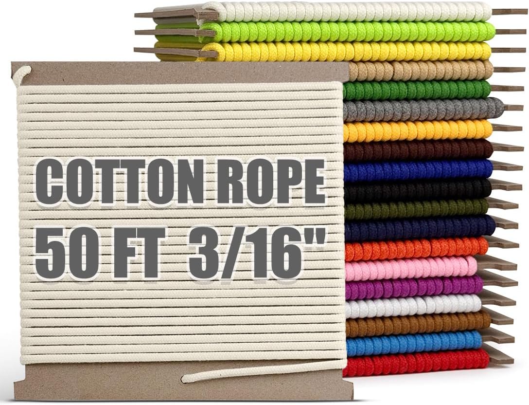PerkHomy 500lb Cotton Rope 3/16" (5mm) 50 ft Multi Purpose Utility Diamond Braided Cord, Natural Cotton for Clothes Line Camping Crafting Flag Pole, Natural White