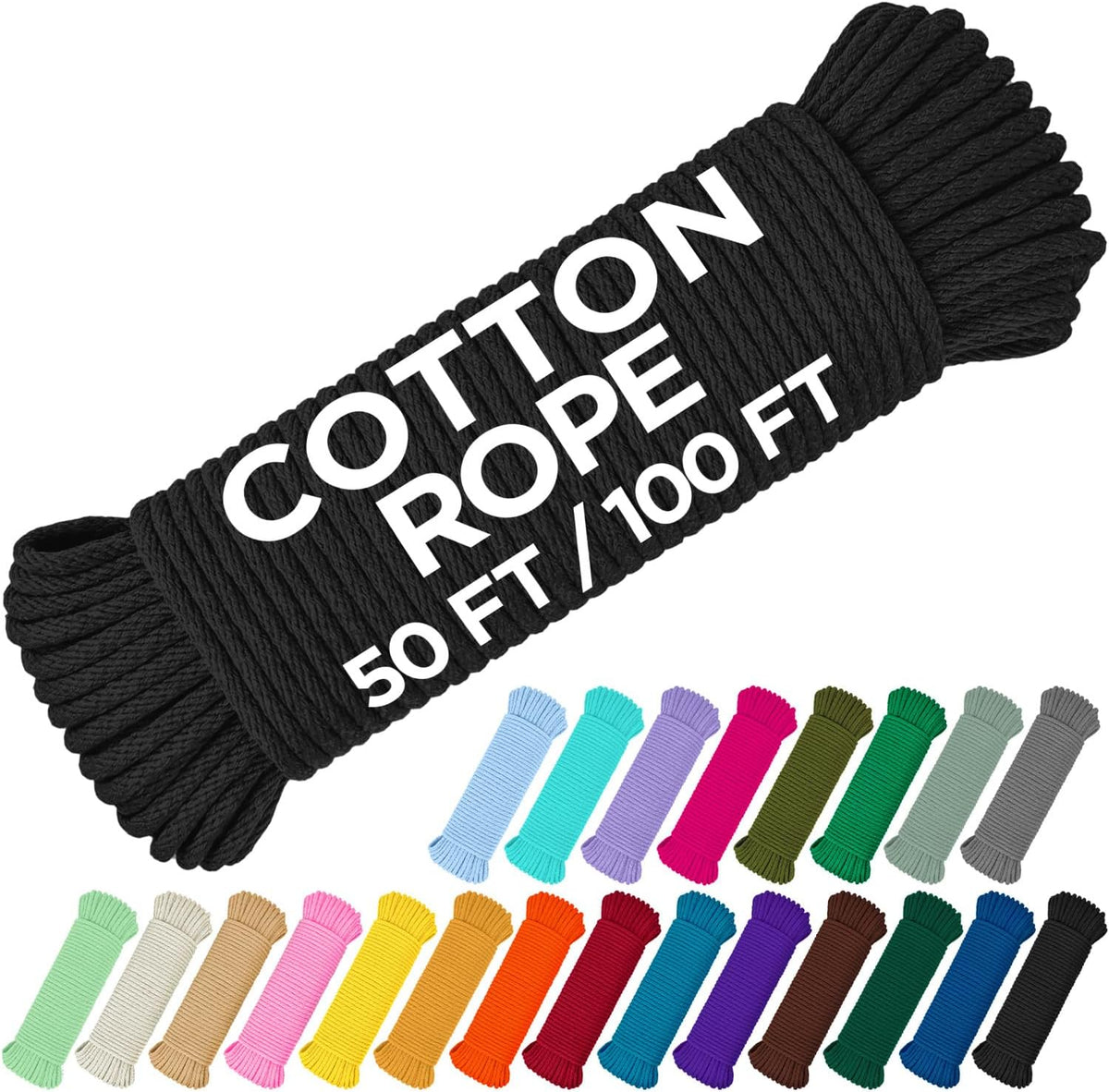 TECEUM 500lb Cotton Rope 3/16” (5 mm) – 50 FT | 100 FT – Strong All-Purpose Braided Rope – Natural Cotton – for Crafting, Сamping, Clothes Line, DIY, Indoor & Outdoor Use – Black