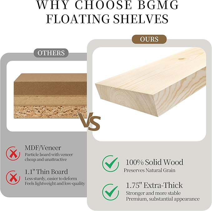 BGMG Wood Floating Shelves for Wall 54 inch Set of 2, Solid Wood Wall Mount