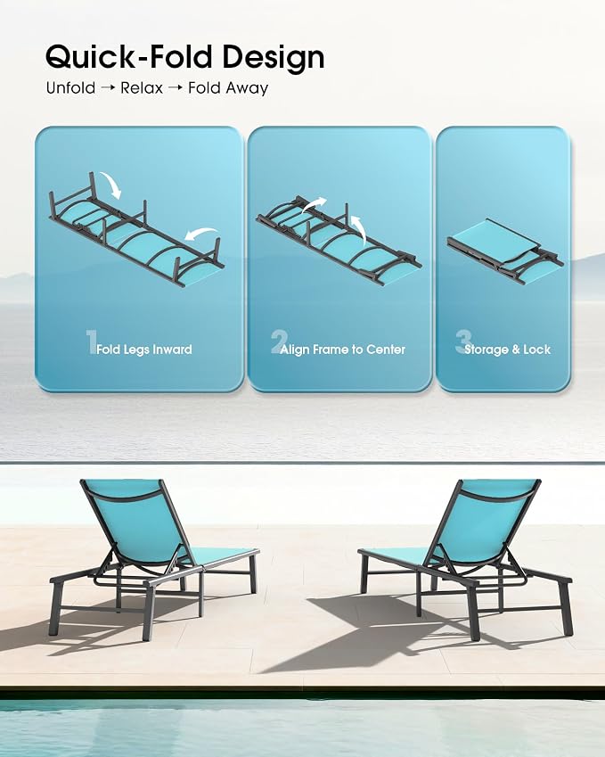 Aluminum Outdoor Lounge Chairs Set of 2- No Assembly Needed, Foldable Patio Chaise Lounge with 5 Adjustable Positions, Reinforced Frame for Extra Durability, Pool Beach Lounge Chairs, Lake Blue