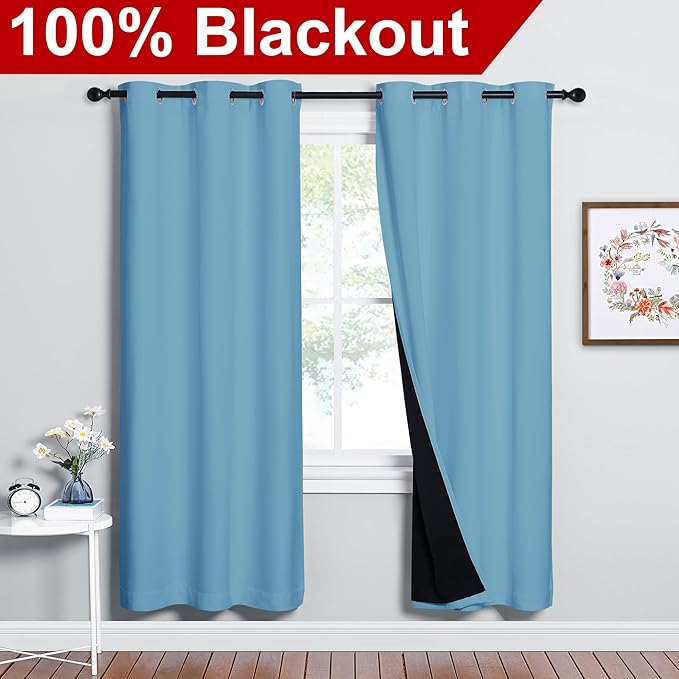 NICETOWN 100% Blackout Window Curtain Panels, Teal Blue, 2 Pieces, 42-inch Wide