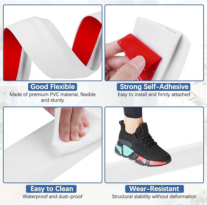 Vinyl Door Threshold Flooring Transition Strip Self Adhesive Carpet Edging Strip for Laminate Doorway Edge Threshold from 1/5" to 2/5" (White, 6.6 Ft)