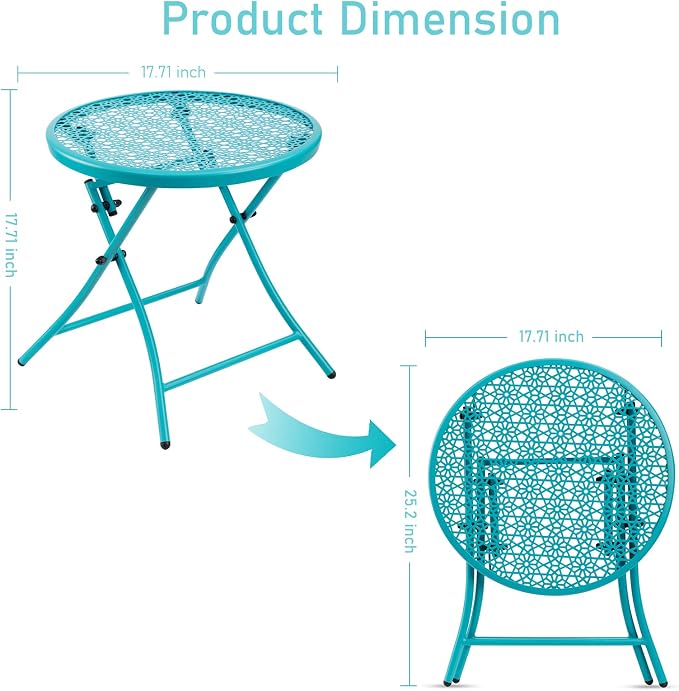 TeoKJ Folding Outdoor Side Tables, Anti Rust Small Patio Table Round Metal Nightstand with Flower Cutouts for Porch Yard Balcony Deck Lawn, Blue