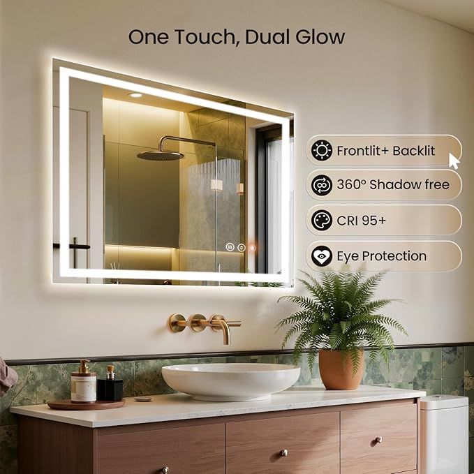 40X30 LED Bathroom Mirror with Lights, Backlit + Front Lit, Lighted Bathroom