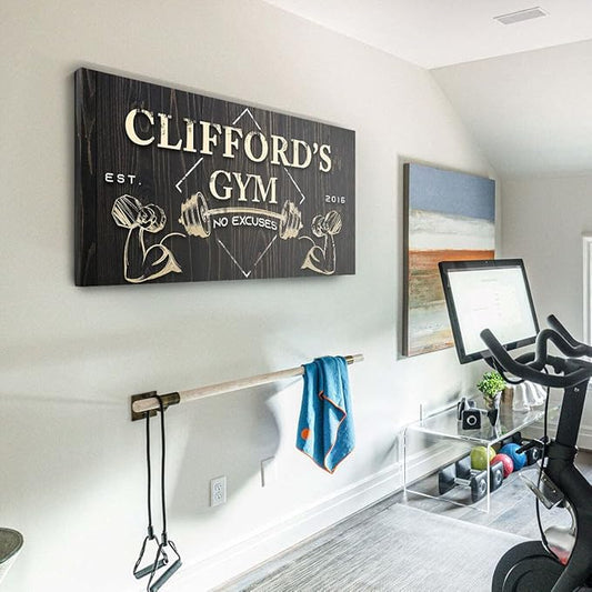 Tailored Canvases Personalized Gym Sign Wall Art Decor - Motivational Canvas for Home, Workout Room, Garage, Fitness Center - Inspirational Posters With Name on Wooden Background, 48x24in