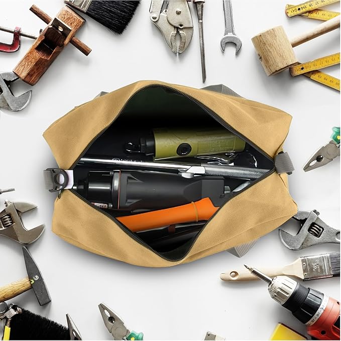 Small Tool Bag, Canvas Tool Storage Bag, Large Capacity Multipurpose Zipper Soft Tote Organizer Pouch for Electrician, Plumbing, Gardening,Tools Bags for Men (Khaki, 13 Inch)