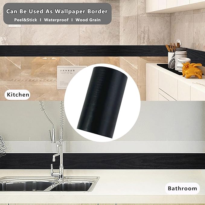 DESOMINOR 32FT Black Border Peel &Stick Black Wood Grain Wallpaper Border
