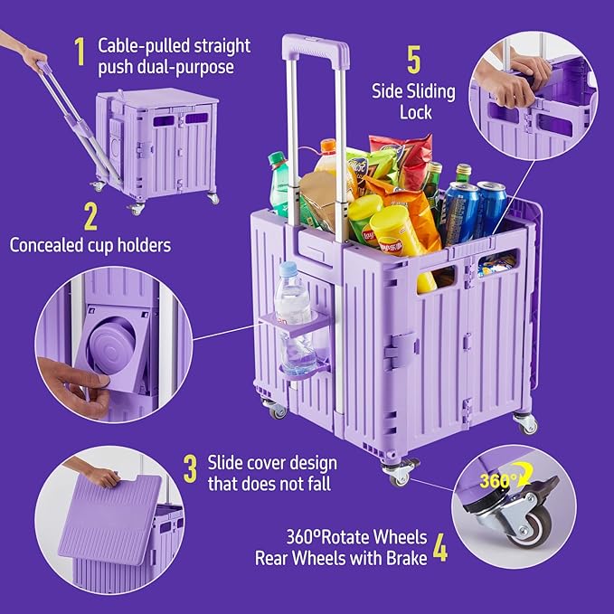 Folding Utility Cart Portable Rolling Crate Handcart Shopping Trolley Collapsible Tool Box, with Lid, Basket on 4 Rotate Wheels, for Grocery, Shopping, Office, Storage, Teacher (Purple)