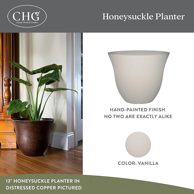 Classic Home and Garden by Growscape Honeysuckle Resin Planters - Lightweight Indoor & Outdoor Plant Pots - UV-Resistant Plastic Flower Pots - Pot Planters for Flowers & Herbs (13" Vanilla White)